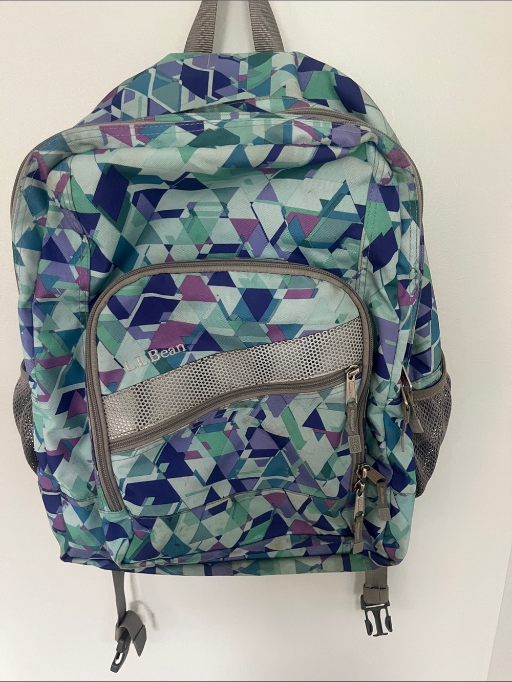 L.L. Bean Geometric Print Backpack in Teal, Navy, Purple